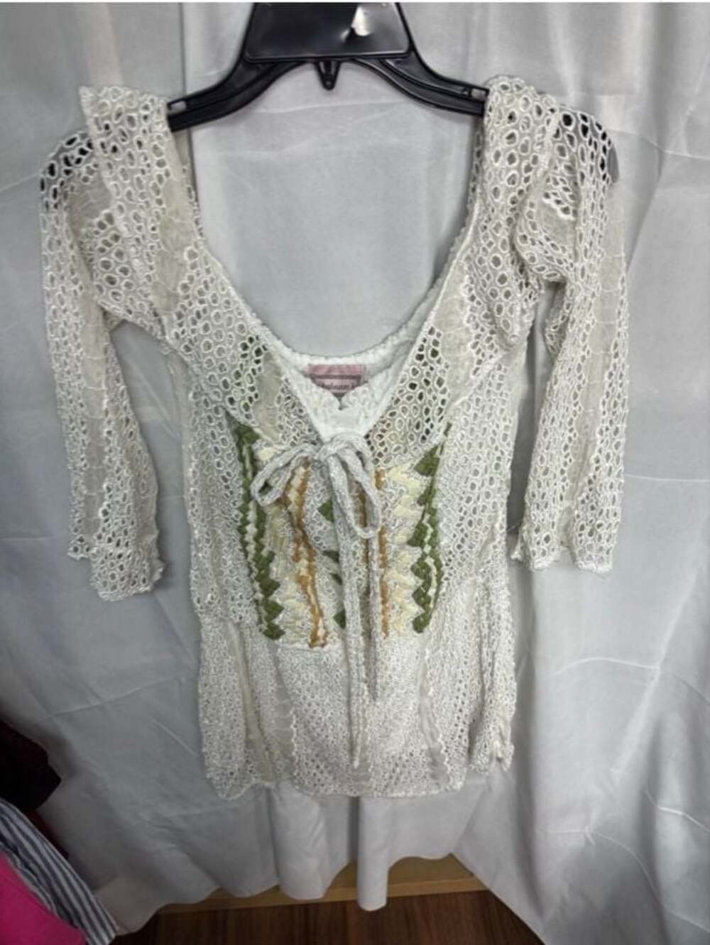 Shabnam H. White Crochet Boho Lace-Up Long Sleeve Mini Dress
